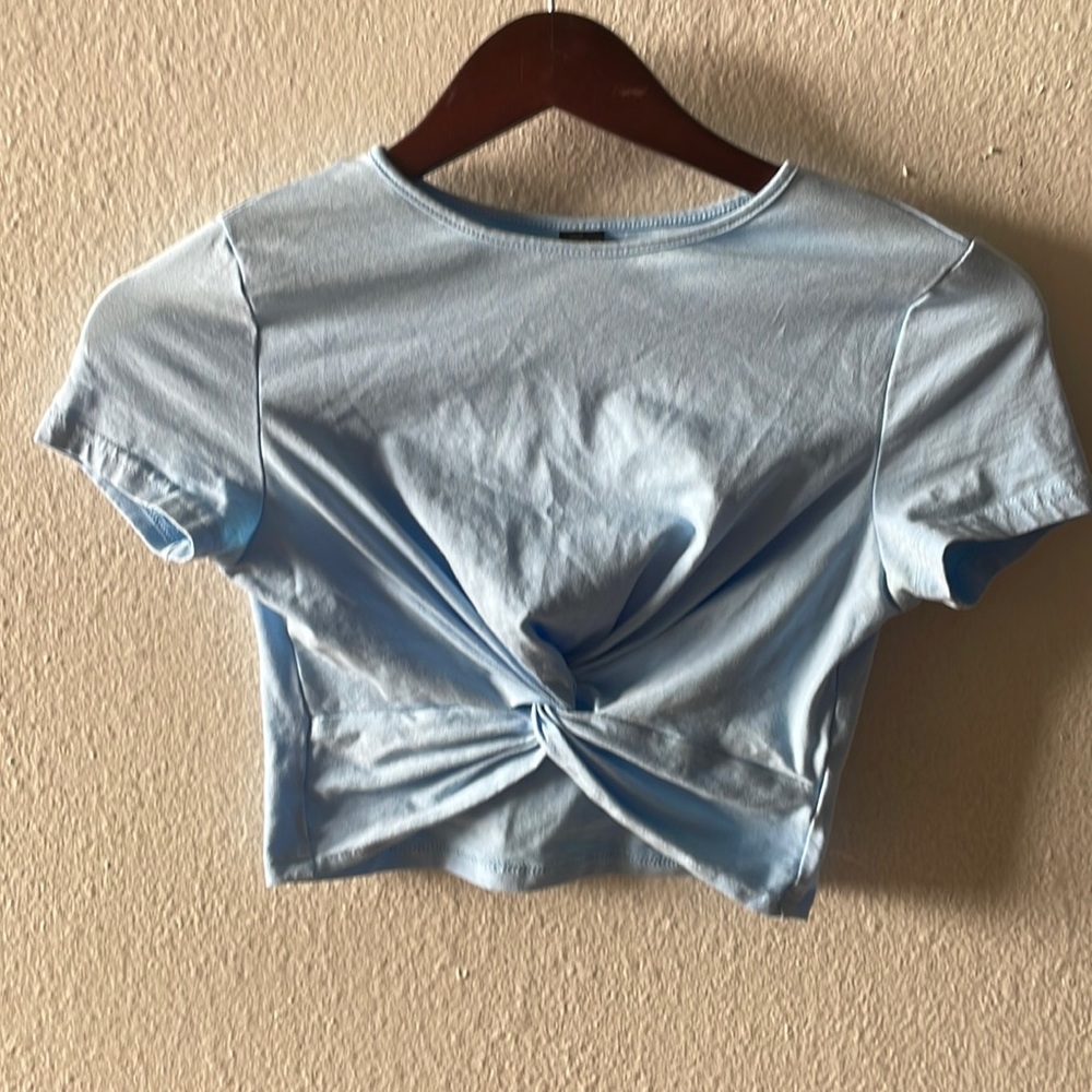 Blue, Pink Shein Short Sleeve Crop Top with Twist detail